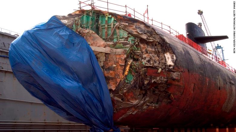 The attack submarine USS San Francisco sits in dry dock, on January 27, 2005, in Apra Harbor, Guam to assess damage sustained after running aground approximately 350 miles south of Guam on January 8, 2005.