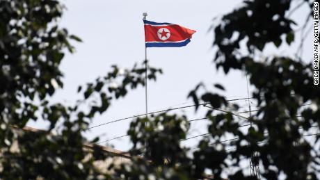 The North Korean flag flies above the North Korean embassy in Beijing on September 9, 2016. 