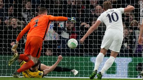 Tottenham&#39;s Harry Kane watches as Vitesse&#39;s Jacob Rasmussen scores an own goal.