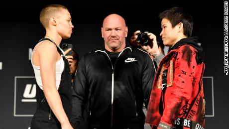 Namajunas and Zhang face off during the UFC 268 press conference.