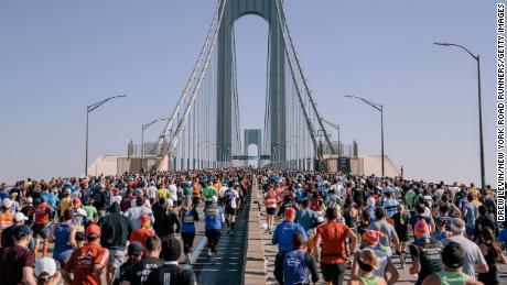 Runners cross the the Verrazzano Bridge during the TCS New York City Marathon on November 3, 2019.