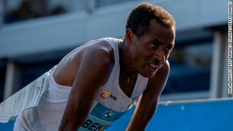Bekele catches his breath after this year&#39;s Berlin Marathon. 