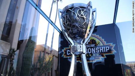 The Bill France 2021 NASCAR Cup Series Championship trophy arrives during the 2021 NASCAR Championship 4 Media Day at the Phoenix Convention Center on November 04, 2021 in Phoenix, Arizona.