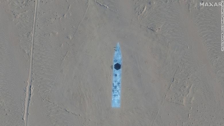A satellite picture shows a destroyer target in Ruoqiang, Xinjiang, China, on October 20. Satellite Image ©2021 Maxar Technologies.