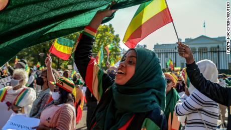 Demonstrators hold a protest Monday outside the White House in Washington to denounce the United States&#39; stance on the conflict in Ethiopia.