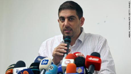 Ubai al-Aboudi, director of the Bisan Center for Research and Development and user of one of the devices reportedly hacked with Pegasus spyware, speaks during a news conference in the West Bank on Monday.  