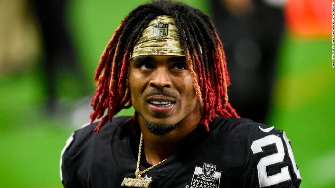 FILE - Las Vegas Raiders cornerback Damon Arnette warms up before an NFL  football game against the Pittsburgh Steelers, Sunday, Sept. 19, 2020, in  Pittsburgh. The Las Vegas Raiders waived 2020 first-round