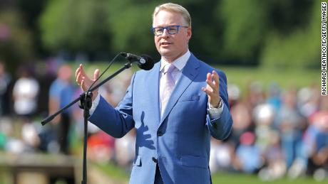 Keith Pelley, CEO of the European Tour speaks to the crowd after the final round of the BMW PGA Championship at Wentworth on May 27, 2018 in Virginia Water, England. 