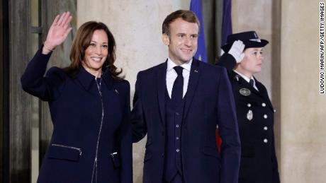 France&#39;s President Emmanuel Macron welcomes US Vice President Kamala Harris in Paris on November 10, 2021. 