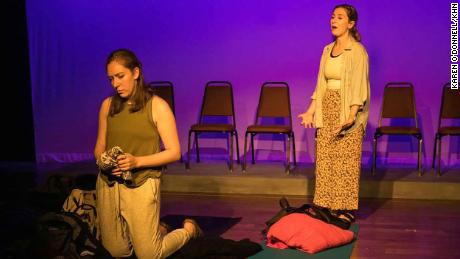 Lauren Bergen, right, and Emma Luxemburg perform in Wagner College's production of "Small Mouth Sounds."  Professor of Performing Arts Felicia Ruff chose the piece because the actors usually have to be quiet.