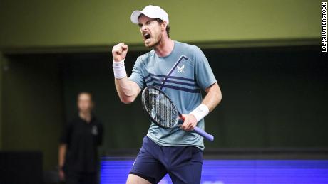 Andy Murray celebrating his win to reach the Stockholm Open quarterfinals.