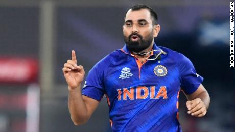 Mohammed Shami celebrates after taking a wicket during the T20 World Cup match between India and Scotland.