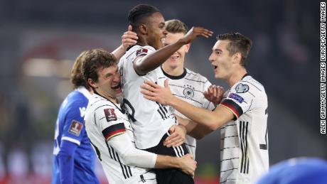 Ridle Baku celebrates Germany&#39;s seventh goal against Liechtenstein.