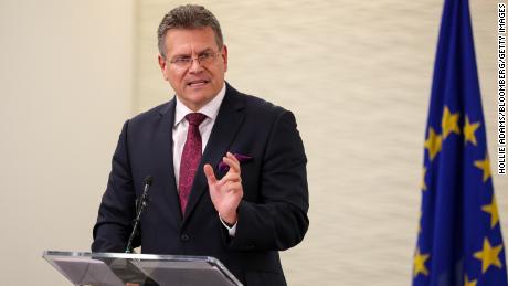 Maros Sefcovic, Vice-President of the European Commission, speaks at a press conference following the negotiations on the Northern Ireland Protocol in London on Friday.
