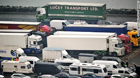 Vehicles are waiting to board a ferry to Northern Ireland at the Stena Line Cairnryan Terminal on 9 September 2021 in Cairnryan, Scotland.