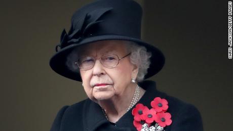 Queen Elizabeth II looks on during the Service of Remembrance at the Cenotaph at The Cenotaph on November 08, 2020 in London, England. 
