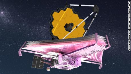 This illustration shows the Webb Telescope with its mirror and lens hood fully deployed in space.