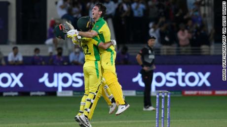 Australia&#39;s Glenn Maxwell and Mitchell Marsh celebrate winning the T20 World Cup final against New Zealand.