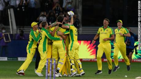 Australia&#39;s players celebrate their win at the T20 World Cup.