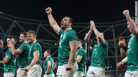 Ireland players celebrate their 29-20 victory over New Zealand in the international rugby union match between Ireland and New Zealand, at the Aviva Stadium in Dublin, Saturday, November 13.