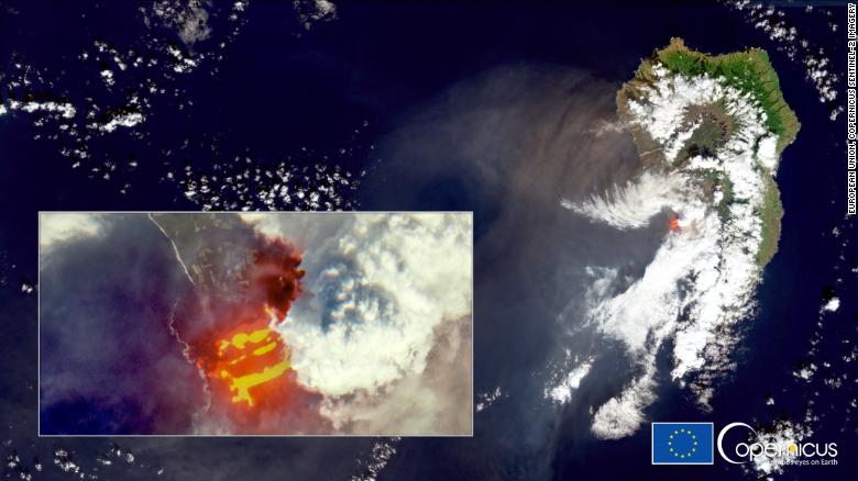 Satellite image showing the lava from La Palma's volcano 