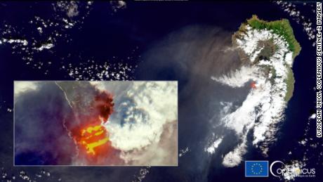 Satellite image showing lava from the volcano of La Palma 