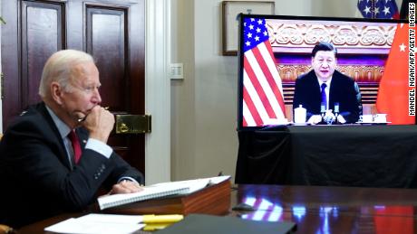 Biden meets with China&#39;s President Xi Jinping during a virtual summit from the Roosevelt Room of the White House November 15. 
