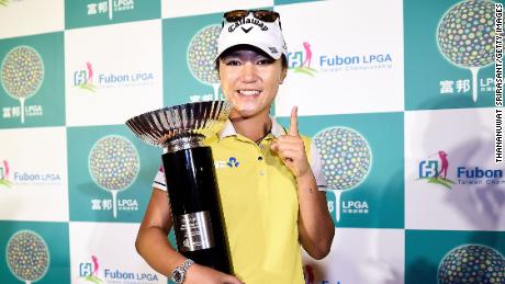 Posing with the trophy after winning the LPGA Taiwan Championship on October 25, 2015.