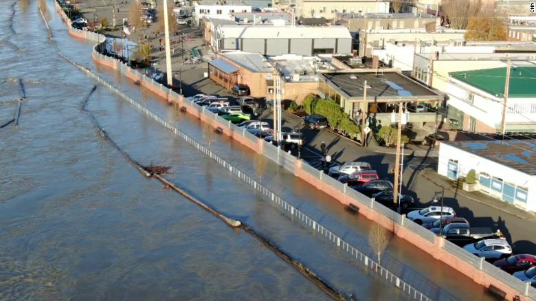 A floodwall keeps water out of downtown Mount Vernon.