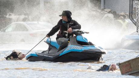 Cows that were stranded in a flooded barn are rescued by people in boats and a sea doo after rainstorms lashed the western Canadian province of British Columbia, triggering landslides and floods, and shutting highways, in Abbotsford, British Columbia, Canada November 16, 2021.  