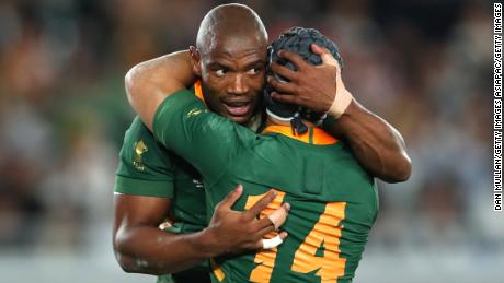 Mapimpi (left) and Kolbe embrace during the 2019 Rugby World Cup final. 