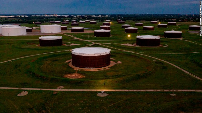 An aerial view of a crude oil storage facility is seen on May 5, 2020 in Cushing, Oklahoma.  