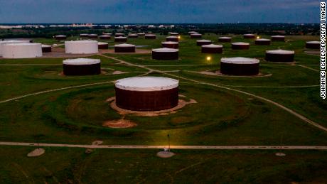 An aerial view of a crude oil storage facility is seen on May 5, 2020 in Cushing, Oklahoma.  