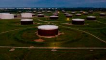 An aerial view of a crude oil storage facility is seen on May 5, 2020 in Cushing, Oklahoma.  