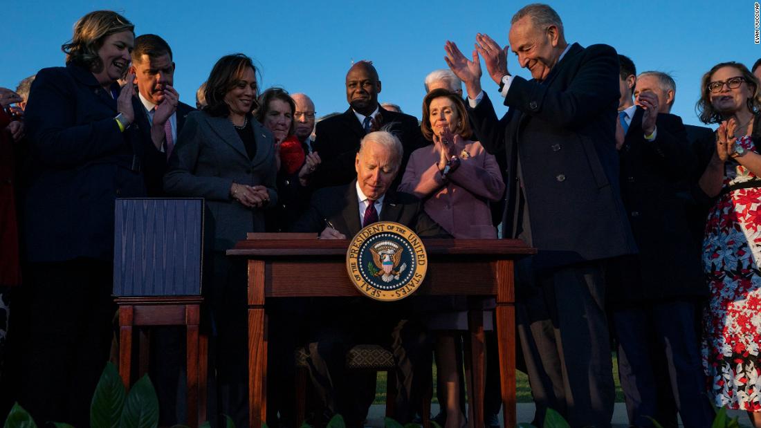 Biden signs a &lt;a href=&quot;https://www.cnn.com/2021/11/15/politics/biden-signing-ceremony-infrastructure-bill-white-house/index.html&quot; target=&quot;_blank&quot;&gt;bipartisan infrastructure bill&lt;/a&gt; into law during a White House ceremony in November 2021. The $1.2 trillion legislation focuses on infrastructure such as roads and bridges.