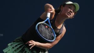 Aug 26, 2019; Flushing, NY, USA; Shuai Peng of China returns serves against Varvara Lepchenko of the United States in a first round match on day one of the 2019 U.S. Open tennis tournament at USTA Billie Jean King National Tennis Center. Mandatory Credit: Jerry Lai-USA TODAY Sports