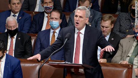 In this image from House Television, House Minority Leader Kevin McCarthy speaks on the House floor during debate on the Democrats&#39; expansive social safety net and environment bill earlier this month.