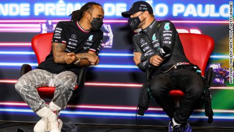  Hamilton and Bottas speak during a press conference held after the Sao Paolo Grand Prix.