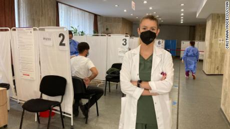 dr.  Alexandra Munteanu, pictured at the Palatul Copiilor vaccination center in Bucharest on Nov. 16, is ready to vaccinate as many people as needed — if only they would come.