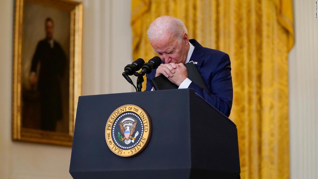 Biden pauses as he listens to a question about &lt;a href=&quot;https://www.cnn.com/2021/08/26/middleeast/gallery/kabul-deadly-blasts-afghanistan-airport/index.html&quot; target=&quot;_blank&quot;&gt;a suicide bombing in Afghanistan&lt;/a&gt; that killed Afghan civilians and US service members in August 2021. The terror group ISIS-K, which rivals the Taliban in Afghanistan, claimed responsibility for the bombing. &quot;We will not forgive. We will not forget. We will hunt you down and make you pay,&quot; he said.
