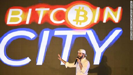 El Salvador President Neb Bukele gestures during his speech at the closing ceremony of the Bitcoin Latin Conference in Mezata Beach, El Salvador, on November 20, 2021. 