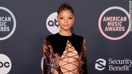 Halle Bailey attends the American Music Awards in November 2021 in Los Angeles.