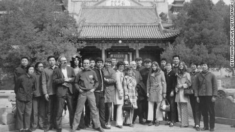 The United States Table Tennis Team poses with their guides at the Summer Palace near Beijing, China in 1971.
