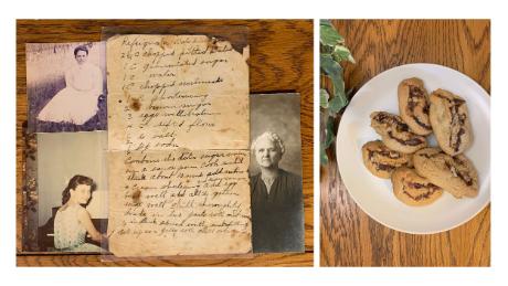 Left: From left clockwise, Barbara Rhea&#39;s grandmother, Mildred Covert, in 1908, Covert&#39;s original date nut pinwheel recipe, Covert in 1956 and Rhea at age 10. Right: Date nut pinwheels. (Courtesy Barbara Rhea)