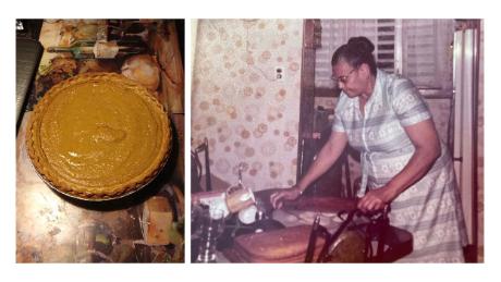 Left: Sheila Connors&#39; sweet potato pie. Right: Sheila&#39;s mother, Inetta Connors, holds a rolling pin as she bakes. (Courtesy Sheila Connors)