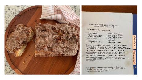 Left: The Sour Cream Cinnamon Coffee Cake, one of Vicky Dorsey Ott&#39;s favorites. Right: The cookbook that was made in 1986. (Courtesy Vicky Dorsey Ott)