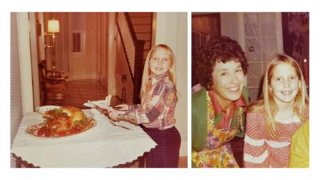 Left: Rafferty and the turkey stuffed with sage dressing in 1976. Right: Rafferty&#39;s grandmother, Mary Ann Smith, in her apron, taking a break from making a holiday dinner. (Courtesy Amy Rafferty)