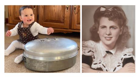 Left: Lorrie Jones&#39; granddaughter Julia with her great grandma Julia&#39;s turkey pan. Right: Jones&#39; mother Julia pictured prior to serving in World War II with the Women&#39;s Army Corps. (Courtesy Lorrie Jones)