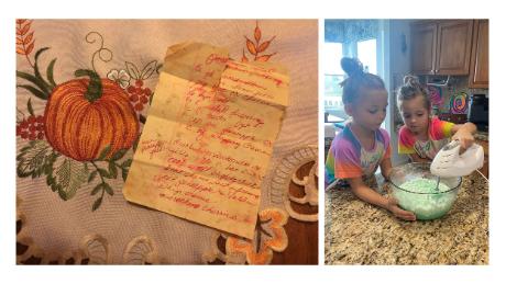 Left: The Dream Salad recipe, written down by Lisa Baldacci over 40 years ago. Right: Baldacci&#39;s twin granddaughters, Alora and Luna Billig, 6, cook the Dream Salad. (Courtesy Lisa Baldacci)