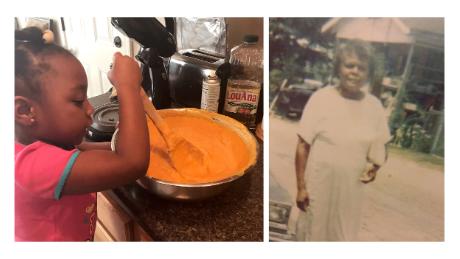 Left: Linda Fantroy&#39;s granddaughter Madisyn Smith, 7, helps make sweet potato pie in 2018. Right: Fantroy&#39;s mother, Catherine Davis, pictured in front of her family&#39;s store in the late 1960&#39;s. (Courtesy Linda Fantroy)